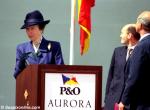 ID 1291 AURORA (2000/76152grt/IMO 9169524) - Princess Anne, the Princess Royal pulls the lever to fire clouds of confetti skyward, smash the champagne across her hull and officially name of AURORA in...